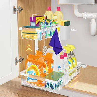 Immagine prodotto di Organizer da cucina in metallo, regolabile in altezza, con ripiani estraibili