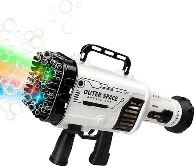 Produktbild von 69-Loch Seifenblasenpistole mit bunten LED-Lichtern und Seifenblasenflüssigkeit 130 ml - BUBBLEPUFF Schwarz