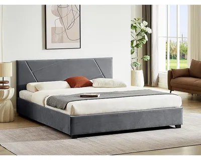 Image de Lit double en velours avec tête de lit "Columbia" - Gris - 160 x 200 cm