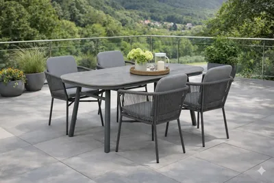 Produktbild von Destiny Sitzgruppe LIMONE SAN MARINO 4 Stapelsessel + 1 Tisch 180x90x74cm, halboval, grau