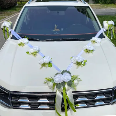 Produktbild von Hochzeitsauto Dekoration Set Weiß Seidenblumen Girlande 220 cm