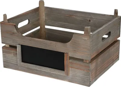 A rustic wooden crate with a chalkboard label.