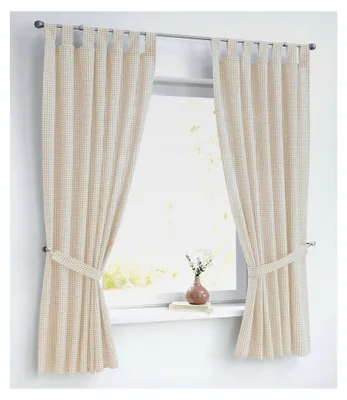 Produktbild von Vorhang mit Raffhalter in Weiß Beige Natur für die Küche, Baumwolle kariert, blickdicht, Schlaufen (1 Stück) B 110 x H 175 cm