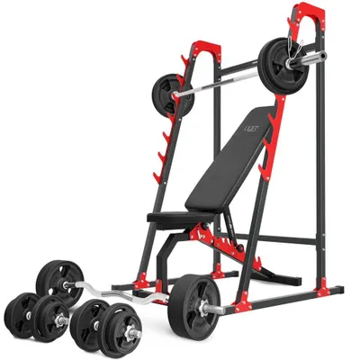 Immagine prodotto di Marbo Sport Set MH8_155KG_KIER_G | panca pesi regolabile bifacciale + rack per bilancieri + set di barre/piastre pesi 113 kg