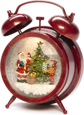 Productafbeelding van Sneeuwbol wekker met kerstman en kinderscène - Watergevuld/binnen (IP20)/optioneel acht - Rood