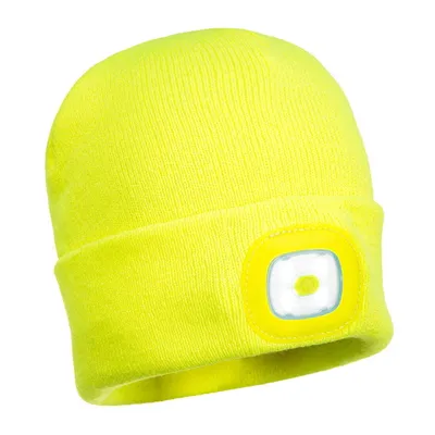 A bright yellow beanie with a built-in LED light is shown against a white background.