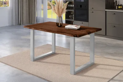 Produktbild von Esstisch Baumkante massiv Akazie nussbaum 140 x 80 U-Gestell silber NICK