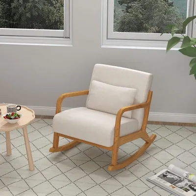 Zdjęcie produktu dla Fotel bujany HOMCOM, fotel bujany, tapicerowany fotel huśtawkowy z drewnianą ramą, fotel relaksacyjny z podłokietnikami, do sypialni, salonu, kremowy