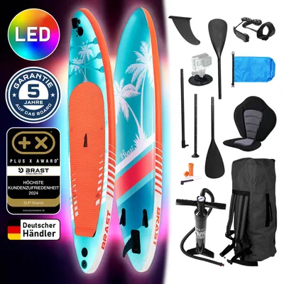 Produktbild von BRAST SUP Board mit LEDs | Aufblasbares Stand up Paddling Set | 320x81x15cm | 4 Designs | LED-Beleuchtung | 200kg Tragkraft | 2in1 Paddel Kajak-Sitz Action-Cam-Halterung Fußschlaufe | Hawaii