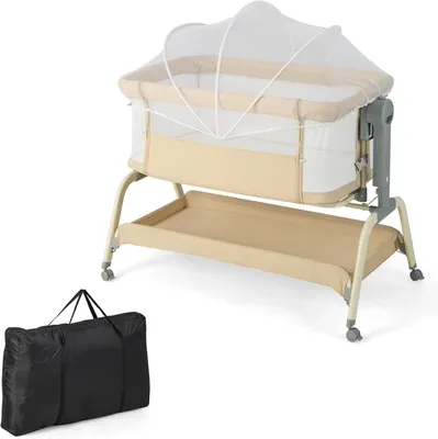 Produktbild von Baby-Beistellbett 3-in-1, 90 × 55cm Reisebett mit Matratze, Moskitonetz und 4 Rädern, 6-fach höhenverstellbarer Stubenwagen mit Neigung für Säuglinge von 0-6 Monaten (Beige)