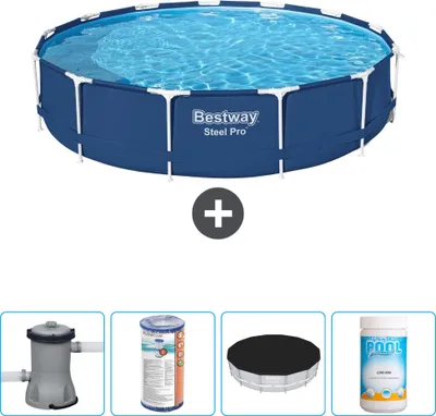 Produktbild von Bestway Round Steel Pro Swimmingpool – 396 x 84 cm – Blau – inklusive Pumpe Filter - Abdeckung - Chlor