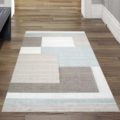 Image de Tapis design Moquette moderne Tapis de salon Tapis à poils courts avec découpe de contours Motif à carreaux Couleurs pastel Bleu crème Beige Taille - 80 x 300 cm