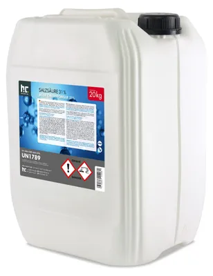 A white plastic jerrycan containing hydrochloric acid.