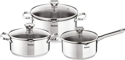 A set of three stainless steel pots with glass lids, arranged on a white background.