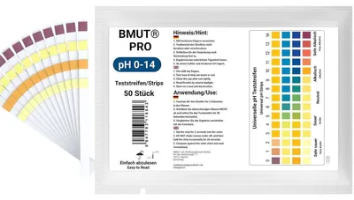 Produktbild von pH-Teststreifen Universal Indikatorpapier - 0-14 pH - 50 Stück - Vierfarbige Skala - Wiederverschließbarer Beutel