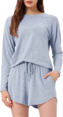 Imagen del producto de Conjunto de pijama para mujer, ideal para estar en casa. Incluye: camiseta de manga larga, pantalones cortos y top. Color: azul. Talla: S