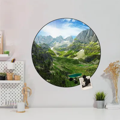Produktbild von Design Stahlmagnettafel Schwarz Rund 47cm Bergsee Alpen