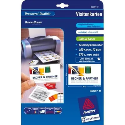 Produktbild von Avery C32026-10, Laser, Papier, Satin, 270 g/m², 85 mm, 54 mm