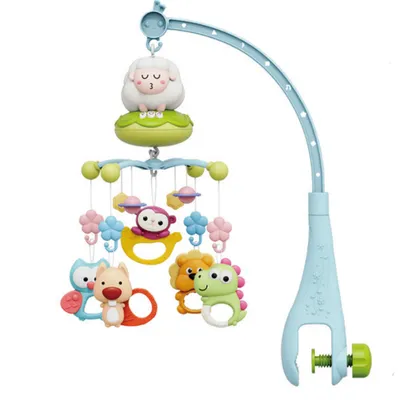 Produktbild von Babybett Mobile mit Musik & Nachtlicht – Fernbedienung, Timer, 360° Drehung, 5 abnehmbare Spielzeuge (blau)