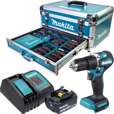 Produktbild von Makita DHP 487 SF1X9 Akku Schlagbohrschrauber 18 V 40 Nm Brushless + 1x Akku 3,0 Ah + Ladegerät + 96 tlg. Zubehör Set + Koffer