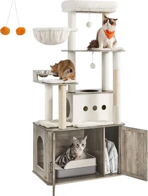 A multi-level cat tree with various features, including scratching posts, perches, a hammock, and a cabinet with a litter box.
