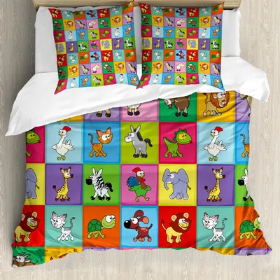 Produktbild von ABAKUHAUS Kindergarten Bettbezug Set, Gruppe lustige junge Tiere in der bunten Quadrat-glücklichen Karikatur-Tier-Sammlung, 155 x 220 cm + 80 x 80 cm, Mehrfarbig