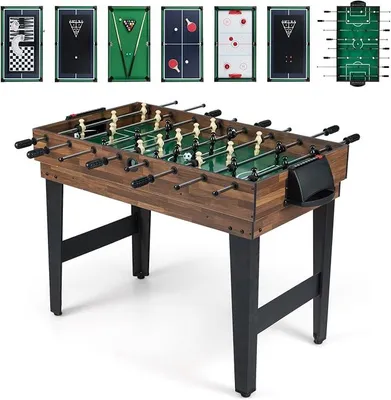 Productafbeelding van 10-in-1 multifunctionele speeltafel, met tafelvoetbal, hockey, biljart, shuffleboard, bowling en 4 bordspellen. Multifunctionele houten tafel voor kinderen en volwassenen