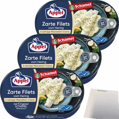 Produktbild von Appel Zarte Filets vom Hering in sahniger Original Schamel Meerrettich-Creme 3er Pack (3x200g Dose) + usy Block