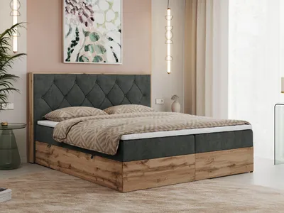 Obrázek produktu pro Boxspring, Moderní postel VENETO Kompletní set s Topperem - 200x200 cm - Středně tvrdé materace H3 | Šedá Strukturovaná látka - Topper T25