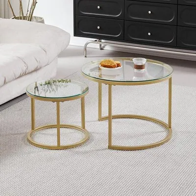 Produktbild von Famanu Set von 2 Runden Couchtischen mit Metall und Gehärtetem Glas - Ideal für das Wohnzimmer