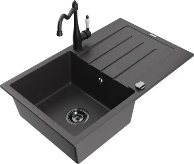 Produktbild von Mexen Bruno 1 Becken-Granitspüle mit Abtropffläche und Mischbatterie Carla, Schwarz gesprenkelt - 6513-76-670700-70-B