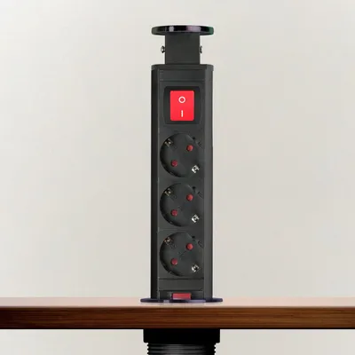 Produktbild von Versenkbare 3-Wege-Steckdose mit Schalter – Kindersicher | 3500 W | 1,5 m Kabel | Gebürstetes Metall, Schwarz | Für Büro, Küche & Möbel | [20430BBS]