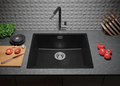Produktbild von PRIMAGRAN Spülbecken Schwarz Metallic 56x47cm, Granitspüle 1 Becken + Ablauf-Set, Küchenspüle ab 60er Unterschrank - London Slim