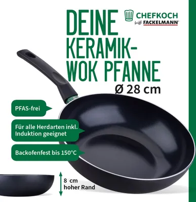 Produktbild von Chefkoch trifft Fackelmann: Hochwertige Keramik-Wokpfanne mit Antihaft-Beschichtung, Ø 28 cm, aus recyceltem Aluminium, backofengeeignet, für alle Herdarten inkl. Induktion geeignet