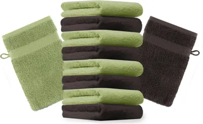 Produktbild von Betz 10 Stück Waschhandschuhe 16x21 cm PREMIUM Waschlappen Set apfelgrün und dunkelbraun 100% Baumwolle