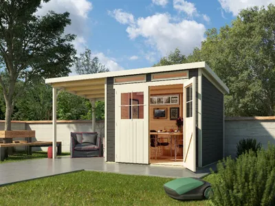 Produktbild von Gartenhaus Glücksberg 5 19 mm terragrau inkl. 190 cm Anbaudach