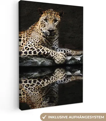 Produktbild von MuchoWow® - Leinwandbilder - Leopard - Wasser - Wald, Wandbild, Wanddeko Bilder Wohnzimmer, 40x60 cm