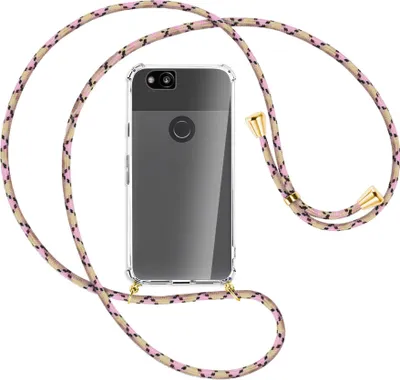 Produktbild von Handykette Backcover-Schutzhülle mit Band (Metall goldfarben) für Google Pixel 2 - rosa Karo