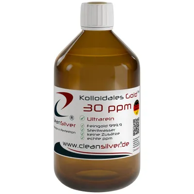 Produktbild von CleanSilver - Kolloidales Gold 30 ppm - 500ml - Ultrarein: Sterilwasser und Feingold 99,99% - stets frisch, keine Lagerware!