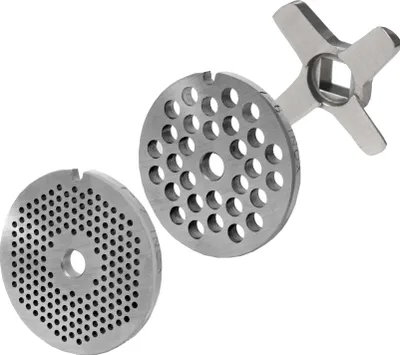 Produktbild von Lochscheibensatz 2 mm + 6 mm Bohrung und 1 Kreuzmesser für alle gängigen Fleischwolf Größen 7