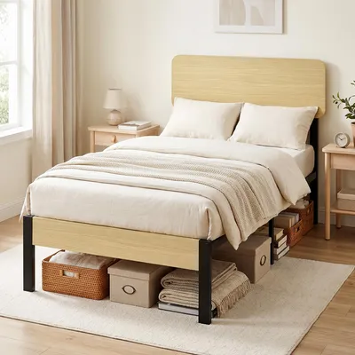 Image de Lit simple 90x200 cm avec tête de lit, lit plateforme avec structure métallique, cadre de lit avec espace de rangement, bois naturel | 31,5 cm | 250 kg | 14 lattes