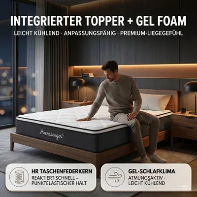 Immagine prodotto di Materasso a molle Arensberger EMILIA con schiuma GEL e topper integrato | 90x200 cm altezza 23cm | livello di solidità H3/ H4 | materasso a molle insacchettate HR