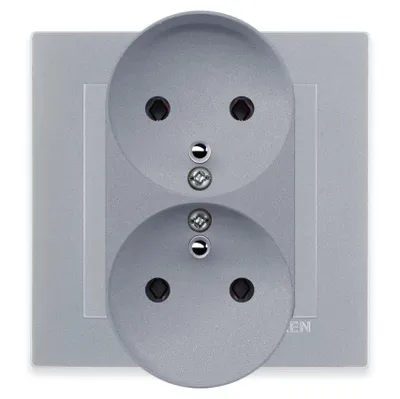 Image de Prise double avec mise à la terre, type E, couleur argent + cadre couleur argent EXEN