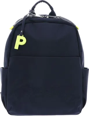 A studio shot of a dark blue backpack.