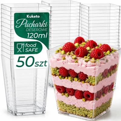 Zdjęcie produktu dla Kuketo | Pucharki do deserów 120 ml – 50 szt. – Transparentne pojemniki PS na desery, lody, przekąski i monoporcje