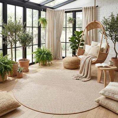 Produktbild von In & Outdoor Teppich Flachgewebe Oslo Beige Creme Karo Rund, Größe:200 cm Rund
