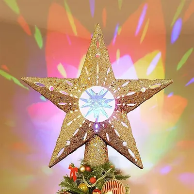 Weihnachtsbaumspitze, 3D-Stern mit LED-Projektor, goldglitzernd, 1 Stück