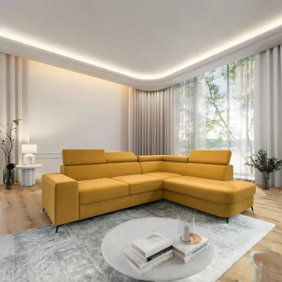 Produktbild von Masseno Ecksofa ALVORO R-S mit Schlaffunktion L-Form, Sofa mit Bettkasten, Wohnzimmersofa, Couch, Soffa, Bettsofa, Couchgarnitur- Gelb, MATT VELVET 48