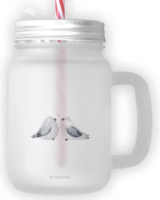 Produktbild von Mr. & Mrs. Panda Mason Jar Glas Turteltauben Liebe - Transparent - Geschenk, Freundin, glücklich, Trinkglas, Hochzeitstag, Verheiratet, Mit Deckel Und Strohhalm