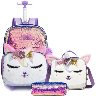 Immagine prodotto di Zaino per bambine con ruote e borsa aggiuntiva, ideale per la scuola e i viaggi